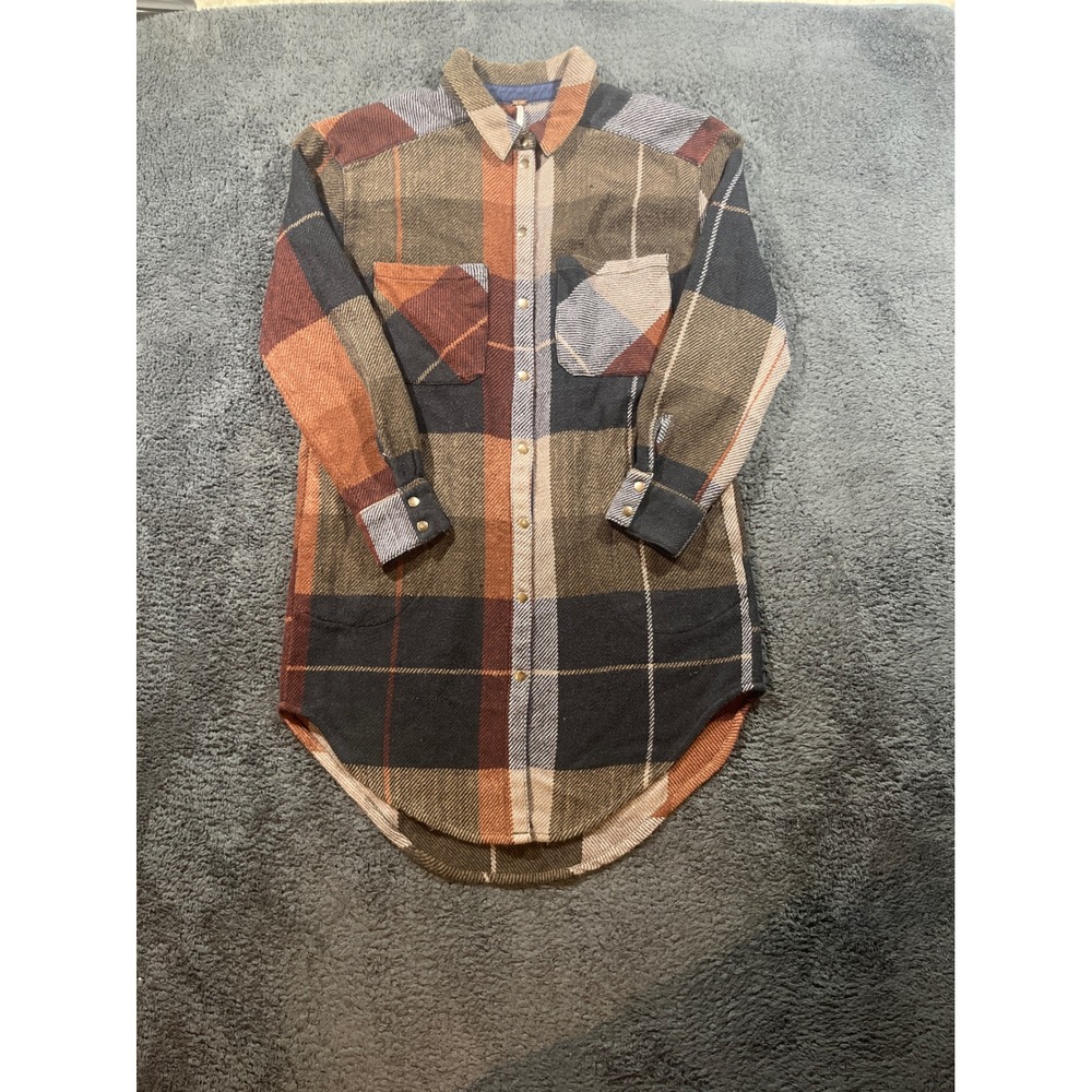 Free People Flannel Shirt Womens M Brown Plaid Long Sleeve Oversized Shacket
